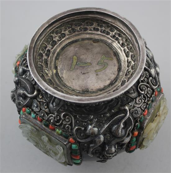 A Tibetan silver, jade, coral, malachite and turquoise mounted ritual jar and cover, 19th century, 25.5cm